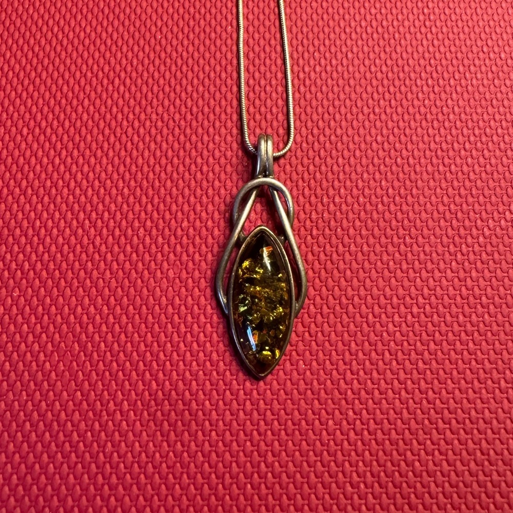 Elegant Silver and Green Amber Necklace